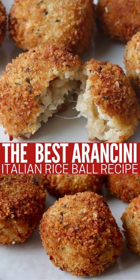 Arancini are Italian rice balls made with risotto, filled with a cheesy center, rolled in breadcrumbs and fried. They have an incredibly delicious crispy texture on the outside and perfectly creamy filling inside. This recipe can be served as an Italian appetizer or party snack, and is even better when served with warm marinara sauce for dipping! Air Fryer Arancini, Arancini Recipe Italian, Italian Rice Balls Recipe, Italian Rice Balls, Arancini Recipe, Italian Appetizer, Italian Rice, Custom Menu, Rice Ball