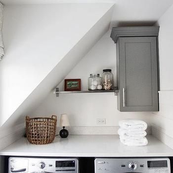 green Slanted Roof, Laundry Nook, Laundry Room Storage Shelves, Attic Renovation Ideas, Room Storage Diy, Slanted Ceiling, Attic Bathroom, Laundry Room Remodel, Attic Bedrooms