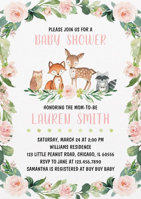 Baby Shower Forest Animals, Pink Gold Invitation, Baby Shower Forest, Girl Woodland Baby Shower, Baby Shower Invitations Ideas, Pink Gold Baby Shower, Baby Girl Shower Invitations, Woodland Baby Shower Decorations, Forest Baby Showers