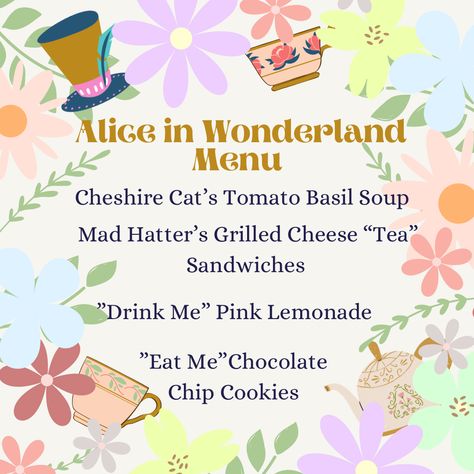 Disney Theme Movie Night Ideas, Alice In Wonderland Movie Night, Disney Theme Dinner Movie Nights, Disney Meals From Movies, Themed Movie Nights For Kids, Movie Dinner Theme Night, Disney Themed Dinner, Disney Movie Themed Food, Movie Themed Dinner