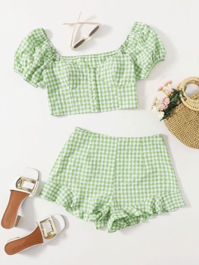 Ruffle Set Outfit, Short Shein, Gingham Outfit, Matching Sets Outfit, Fashion Top Outfits, Shein Outfits, Tween Outfits, Really Cute Outfits