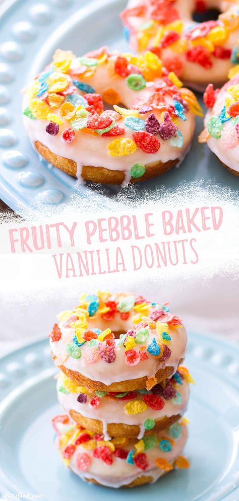 Vanilla Donuts Baked, Cereal Donuts, Mini Donut Recipes, Donut Ideas, Donuts Recipes, Fruity Pebble, Cake Donuts Recipe, Donut Flavors, Kid Friendly Dessert