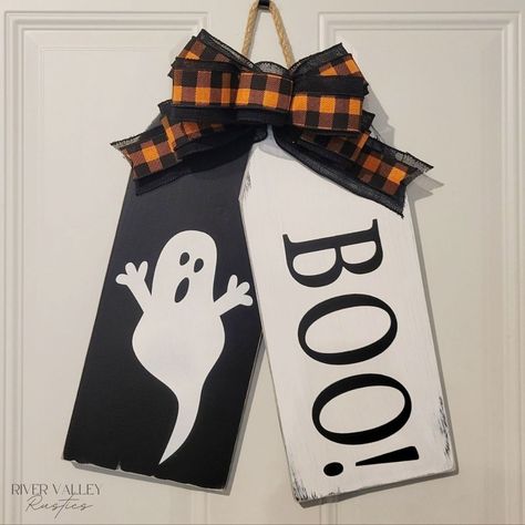 👻 Add some spooky charm to your front door this Halloween with this unique and rustic wooden welcome sign! This sign features two wooden door tags with a distressed finish and a hand-painted design that will make your front door complete! This door hanger is perfect for your own home or as a gift for your friends and family!🎃🖤 Click the link in our bio to purchase your set today! #rustichomedecor #farmhouscharm #decoratingideas #modernfarmhousedecor #halloweendecor #rustichalloween #hallow... Fall Door Tags, Wood Door Tags, Halloween Door Tags Ra, Fall Door Tags Wooden, Haunted House Door Hanger, Rustic Halloween, Door Tags, Wooden Welcome Signs, Modern Farmhouse Decor