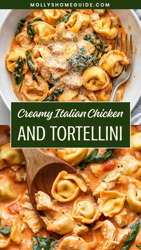 Indulge in the delicious flavors of Italian cuisine with this flavorful Italian chicken and tortellini dish. Packed with savory seasonings, tender chicken, and cheesy tortellini, this recipe is sure to wow your taste buds. Perfect for a cozy dinner at home or to impress guests at a dinner party. The combination of succulent chicken and hearty tortellini creates a satisfying meal that will leave you wanting more. Chicken Soup Recipes Tortellini, Easy Italian Meals For Dinner, Shredded Chicken And Tortellini, Chicken Filled Tortellini Recipes, Chicken Tortellini Bake Casseroles, Chicken Tortellini Pasta Recipes, Cheese Tortellini With Chicken, Dinner Recipes With Tortellini, Chicken And Tortellini Recipes Crock Pot