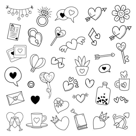 Love doodle vector set. Love Line Art Simple, Cute Drawings Simple Doodles Love, Cute Heart Doodles Aesthetic, Drawing Hearts Doodles, Scrapbook Drawing Ideas Doodles, Valentines Line Art, Simple Doodles Love, Cute Doodles Aesthetic Love, Quick Drawings Easy Doodles