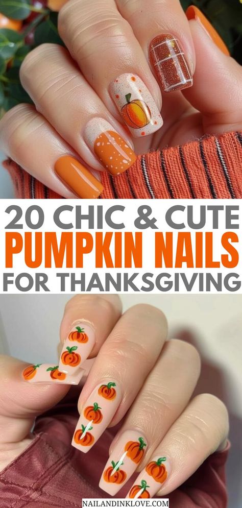 Easy pumpkin nails for Thanksgiving and short acrylic nails perfect for fall inspiration Pumpkin Nail Designs Fall, Nails With Pumpkin Design, Cute Thanksgiving Nails Acrylic, Pumpkin Nails Fall, Cute Pumpkin Nails, Nails For Thanksgiving, Cute Fall Nails Ideas Autumn, Pumpkin Nail Designs, Scarecrows Nails