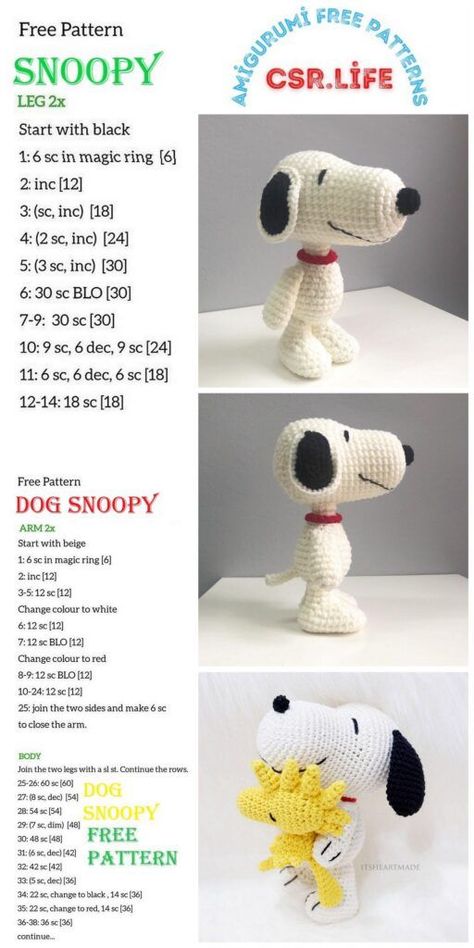 Dog Snoopy Amigurumi Free Pattern - Csr.life | Crochet toys free, Crochet animals free patterns, Amigurumi free Peanuts Crochet Pattern Free, Amigurumi Snoopy Free Pattern, Dog Amigurumi Keychain, Snoopy Amigurumi Free Pattern, Peanuts Crochet, Crocheted Stuffed Animals, Crochet Tutorial Pattern, Crochet Dog Patterns, Quick Crochet Patterns