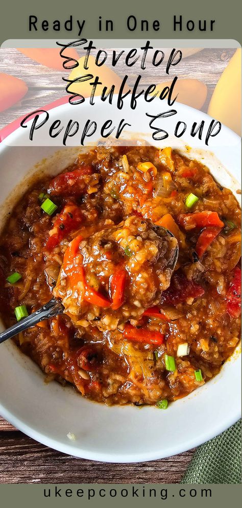 Cozy up with a bowl of Stovetop Stuffed Pepper Soup—a hearty, one-pot wonder! Packed with vibrant red and green bell peppers, this flavorful soup is simmered in a rich tomato base, bringing out all the best in each ingredient. With tender rice stirred right in, it’s a filling, satisfying meal that’s perfect for cool nights and easy dinners. Ready in about an hour, this soup is a delicious way to bring a warm, comforting meal to the table without any fuss. Soup Stovetop, Green Pepper Soup, Stuffed Peppers Beef, Bell Pepper Soup, One Pot Wonders, Stuffed Pepper, Pepper Soup, Stuffed Pepper Soup, Bowl Of Soup