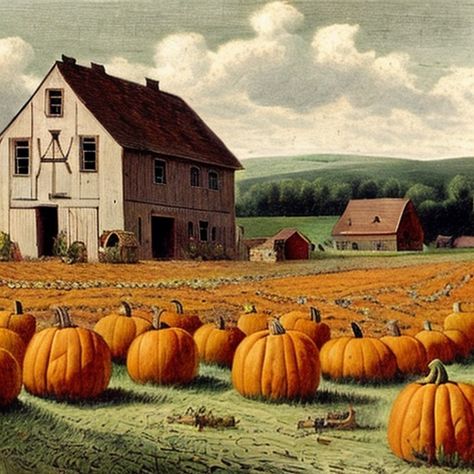 Free image of "Old Farmhouse And Pumpkin Field" by Circe Denyer Pumpkin Field, Pumpkin Farm, Old Farmhouse, Autumn Painting, Public Domain, Wales England, View Image, Painted Pumpkins, Free Images