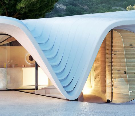 david tajchman tops organic 'cosmos' residence in greece with fluid overhanging roof Fluid Architecture Model, Interesting Roof Design Architecture, Organic Roof Architecture, Curved Roof Architecture, Organic Facade, Overhanging Roof, Terrace Building, Peloponnese Greece, Curved Roof