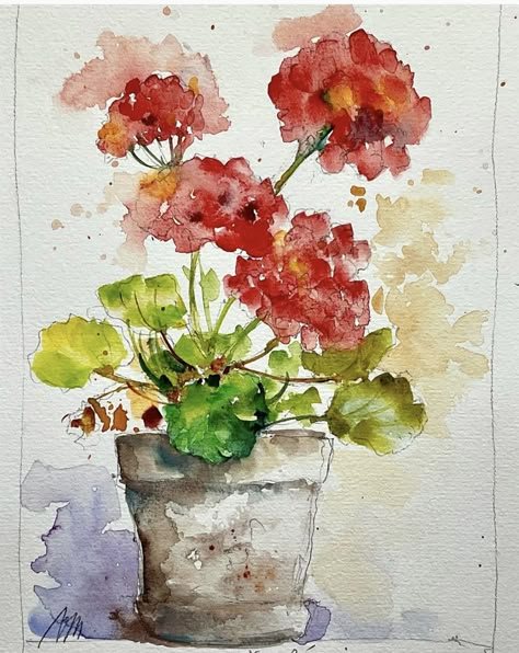 Summer Garden Flowers, Learn Watercolor Painting, Flowers Home Decor, Watercolor Flowers Tutorial, Watercolor Art Paintings, Red Geraniums, Diy Watercolor Painting, Flowers Home, Gift Flower