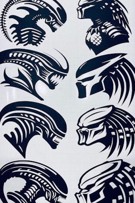 8 different forms of opponents go toe-to-toe. But there's more. Of course, I thought about adding more colors, and the final result was matte black, which was the best. Please let me know if you like it. Small Xenomorph Tattoo, Tattoo Alien, Xenomorph Tattoo, Evil Gnome, Predator Tattoo, Art Alien, Predator Alien Art, Alien Artwork, Alien Tattoo