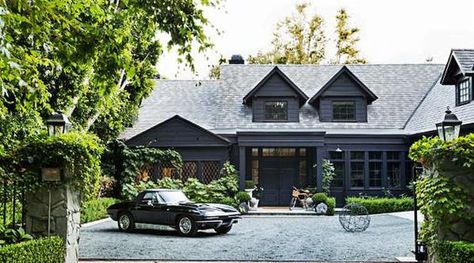 Moody French, Dark Home Exterior, Dark House Exterior, Charcoal House, Black Houses, Dark House, Windsor Smith, Dark Home, Rustic Home Design