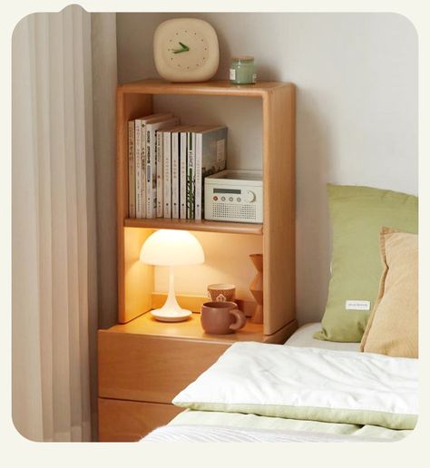 Beech solid wood bedside table and elevated storage rack, bedside bookshelf. Ikea Small Bedroom, Bedside Bookshelf, Beech Bedside Table, Bedside Bookcase, Bedroom Bookcase, Tall Bedside Table, Bookshelf Nightstand, Florida Bedroom, Bedside Table Modern