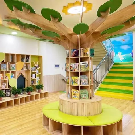 Creative Library Kindergarten Tree Shaped Floor Decoration Bookshelf And Stool Furniture Modern Daycare Design, Library Kindergarten, Daycare Supplies, Decoration Bookshelf, Childrens Ministry Decor, Creative Library, Children Library, Childcare Rooms, Column Decoration