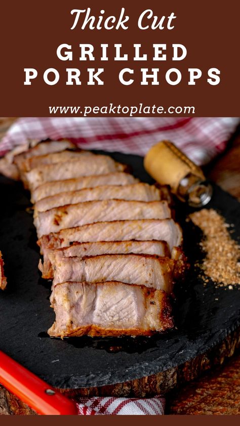 Grilled Thick Cut Pork Chops Grilled Thick Pork Chops, Grilling Thick Pork Chops, Homemade Bbq Rub, Thick Pork Chops, Brine For Pork, Thick Cut Pork Chops, Pork Chop Recipes Grilled, Boneless Pork Chop Recipes, Mustard Pork Chops