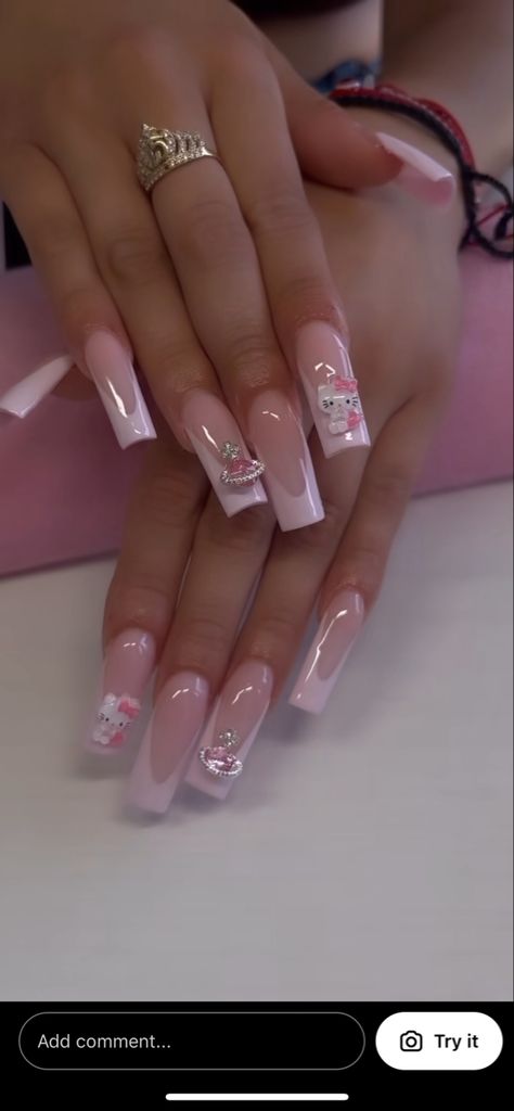 Light Pink Nails Hello Kitty, Medium Square Acrylic Nails Hello Kitty, Nail Ideas Acrylic Hello Kitty, Plain Hello Kitty Nails, Y2k Nails Acrylic Hello Kitty Short, Light Pink Hello Kitty Nails, Medium Nails Acrylic Hello Kitty, Hello Kitty Nails Medium Length, Y2k Hello Kitty Nails Short