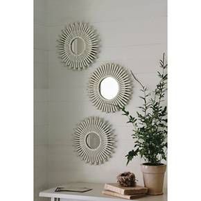 Starburst Washed Wood Mirror 3 Pack - Threshold : Target 3 Small Mirrors On Wall Ideas, Decorating Stairway Walls, Diy Mirror Wall Decor, Small Round Mirror, Small Round Mirrors, Flat Decor, Modern Mirror Wall, Mirror 3, Living Room Shelves