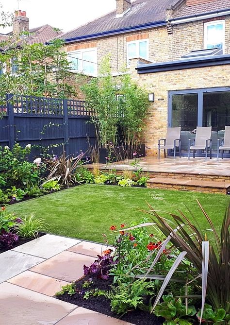 Patio At Bottom Of Garden, House To Garden Transition, Long Rectangular Garden Design, Garden Design Square Layout, Small Narrow Garden Design, Terraced House Garden Ideas, 1930s Garden Design, Long Narrow Gardens, Family Garden Design