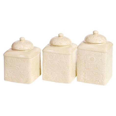 HiEnd Accents Savannah Canister - Set of 3 Ceramic Canister Set, Western Kitchen, Ceramic Canisters, Kitchen Canister Set, Leather Tooling Patterns, Modern Rustic Homes, Ceramic Canister, Forest Decor, Floral Damask