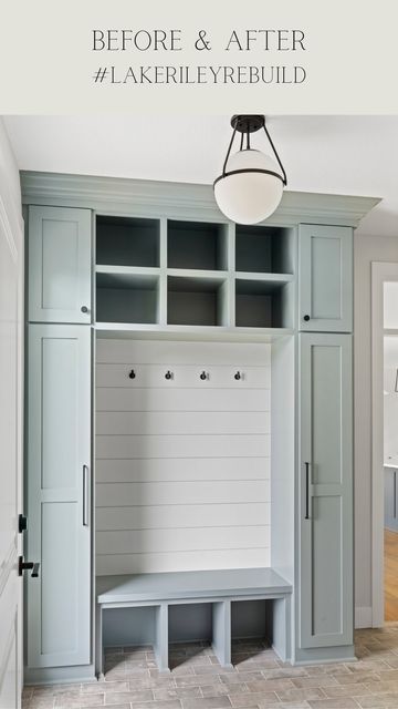 Mudroom Locker Colors, Blue Mudroom, Beach House Drop Zone, Lake House Drop Zone, Blue Mudroom Lockers, Green Lockers Mudroom, Beach House Mudroom, Mudroom Makeover, Mud Room Entry