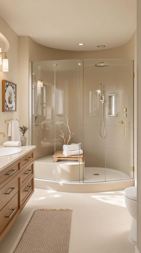 Coastal Inspired Bathrooms Sand Bathroom, Tan Bathroom, Sunken Tub, Layered Lighting, Coastal Bathroom, Coastal Bathrooms, Beige Tones, Warm Beige, Leisure Arts