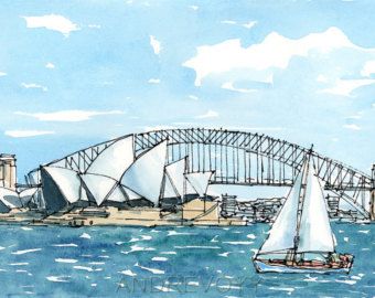 Australia Art, Sydney Australia, Original Watercolor Painting, Matte Paper, Watercolor Painting, Opera House, Sydney Opera House, Opera, Sydney