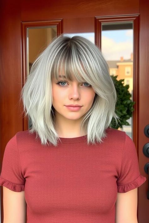 Feathered Lob with Curtain Bangs, Icy Platinum Long Bob Hairstyle Long Bob Hairstyles Platinum Blonde, Icy Lob Haircut, Lob Platinum Blonde Hair, Platinum Lob With Bangs, Ice Blonde Long Bob, Feathered Lob, Dark Chestnut Hair Color, Platinum Lob, Lob With Curtain Bangs