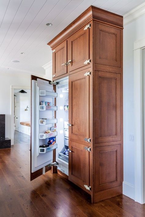 Handsome hardwood cabinetry w/ period hardware. Beautiful for old house restorations. Hidden Refrigerator, Inspirational Kitchens, Hidden Fridge, Kitchen Built Ins, Tudor Kitchen, Hampton New York, Ranch Kitchen, Kitchen Ideals, Hidden Kitchen