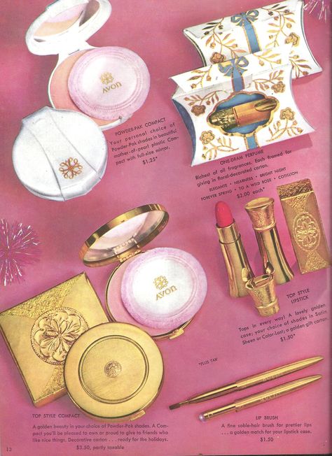 Avon Representative catalog Campaign (C)16-1958, page 13, I love the lipstick cases and the metal compacts. 50s Cosmetics, Vintage Lipstick, Vintage Makeup Products, 1950s Makeup, The Vintage Cosmetic Company, Vintage Makeup Compact, Avon Luxe Lipstick, Avon Vintage, Vintage Makeup Ads