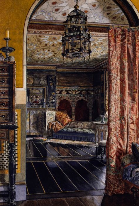 This highly intricate watercolour shows one of a suite of ornate drawing rooms in the artist's home, Townshend House in Regent's Park, London. This was the studio-house of the Dutch painter Sir Lawrence Alma-Tadema (1836-1912) and his family, in which he created a set of extravagant and eclectic interiors in a variety of styles ranging from traditional Dutch to Egyptian, Ancient Greek, Pompeiian, Byzantine and Japanese. The rooms and furnishings served as props for Sir Lawrence's paintings and p Architecture Antique, Lawrence Alma Tadema, Interior Paintings, Royal Academy Of Arts, Dutch Painters, Bohemian Interior, Pre Raphaelite, Arabian Nights, Decoration Inspiration