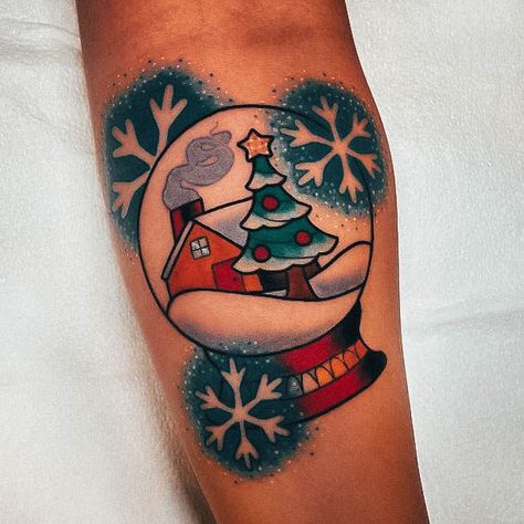 Christmas Snow Globe Tattoo, Winter Tattoo Flash, Snow Globe Tattoo, Snowglobe Tattoo, Holiday Tattoos, Globe Tattoo, Sarah Tattoo, Christmas Tattoos, Winter Tattoo