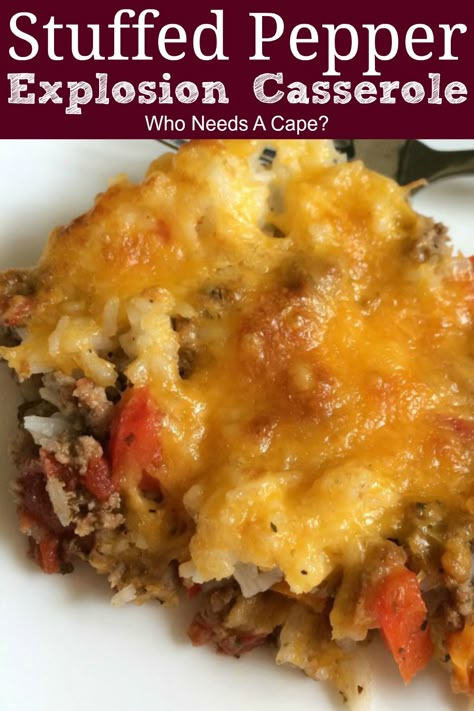 Like stuffed peppers but not all the fuss? Make this easy Stuffed Pepper Explosion Casserole, all the great flavors of the traditional dish, but so easy. #casserole #easydinner #groundbeefrecipe Zucchini Cornbread, Pepper Casserole, Easy Stuffed Peppers, Stuffed Pepper Casserole, Cornbread Casserole, Stuffed Pepper, Meals Recipes, Beef Casserole Recipes, Cooked Rice