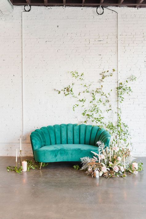 St. Louis Florist | Photo Backdrop | Velvet Couch | Floral Installation | Photo Installation | MPWR St. Louis Green Couch Photoshoot, Photo Backdrop Floral, Floral Couch, Backdrop Floral, Rustic Wedding Backdrops, Wedding Reception Backdrop, Vintage Couch, Sweetheart Table Wedding, Floral Installation