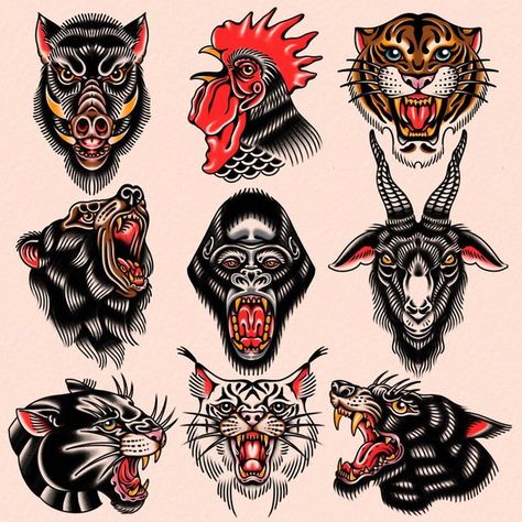 Manly American Traditional Tattoos, Flash Animal Tattoo, Lynx Tattoo Traditional, Old American Traditional Tattoo, American Traditional Animal Head Tattoo, American Traditional Aquarius Tattoo, Traditional Buck Tattoo, Traditional Bobcat Tattoo, Traditional Ape Tattoo