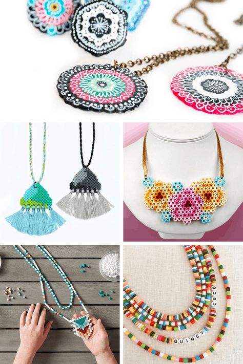 A roundup of 15 JEWELRY PERLER BEAD PATTERNS. How to make hama beads or fused beads into necklaces, earrings, and bracelets. Hama Beads Jewelry, Fused Beads, 15 Jewelry, Diy Jewelry Pendants, Bead Creations, Beaded Necklace Patterns, Hama Bead, Beaded Jewelry Necklaces, Beaded Jewlery