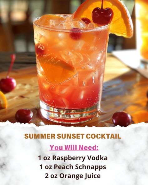 Karla's Recipes | Summer Sunset Cocktail | Facebook Drink Ingredients, Sunset Cocktail, Sunset Drink, Christmas Punch Recipes, Raspberry Vodka, Myrtle Beach Vacation, Christmas Punch, Recipes Summer, Liquid Courage