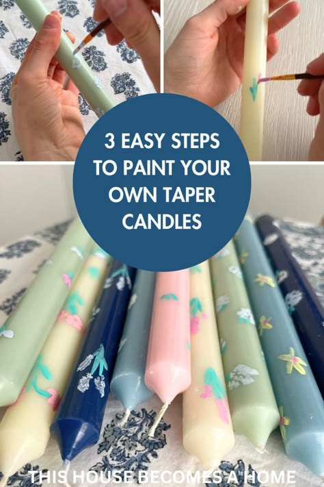 Easy tutorial to make your own painted candlesticks! Painting Candlesticks Diy, Painting Tapered Candles, How To Paint Taper Candles, Candlestick Painting Ideas, How To Hand Paint Candles, Taper Candle Crafts, How To Paint Candlesticks, Easy Candle Painting Ideas, Taper Candle Decorating Ideas