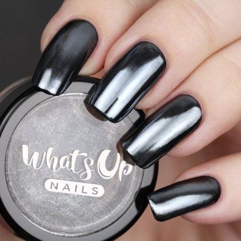 Black Chrome Nails, Up Nails, Chrome Nail Art, Chrome Nail Powder, Chrome Nails Designs, Mirror Nails, Chrome Powder, Metallic Nails, Black Chrome