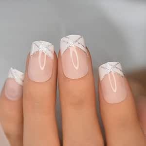 iBeautying Press on Nails - White French Silver Line Semi-Transparent False Nails | UV Gel Finish Medium Short Square Round Shape Reusable Fake Nails - 24 Nail Kit with Jelly Glue Pad French Tip Nails With Silver, Nails Uv Gel, May Nails, Nails White, White French, Silver Nails, Silver Line, French Tip Nails, Semi Transparent