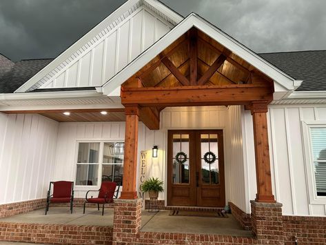 Small Gable Roof Porch Front Entry, Reverse Gable Front Porch, Gable Roof Porch Front Entry, Double Gable Front House, Front Porch Roof Ideas, Gable Front Porch, Porch Arch, Gables On House Exterior, Gable Porch