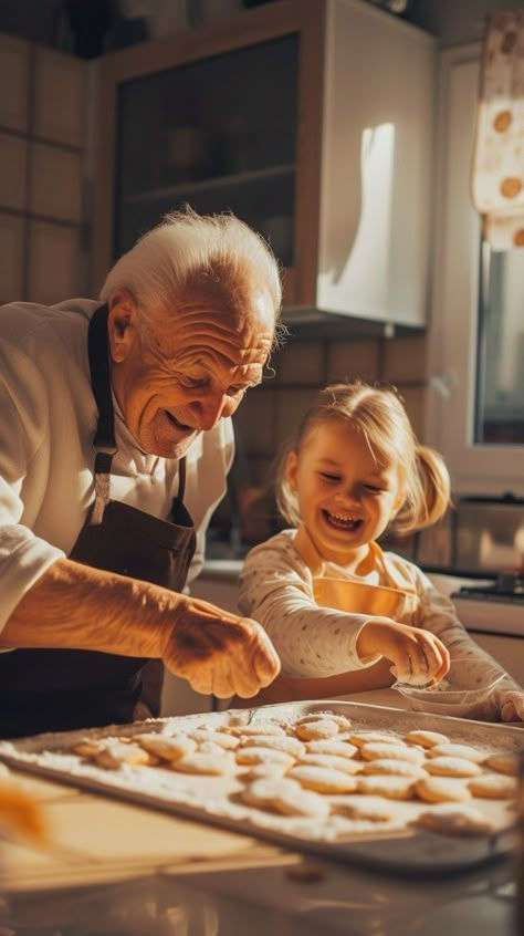 Grandfather And Granddaughter, Preschool Photography, Family Baking, Bollywood Posters, Baking Cookies, Family Cooking, Cooking Together, Mom And Grandma, Family Moments