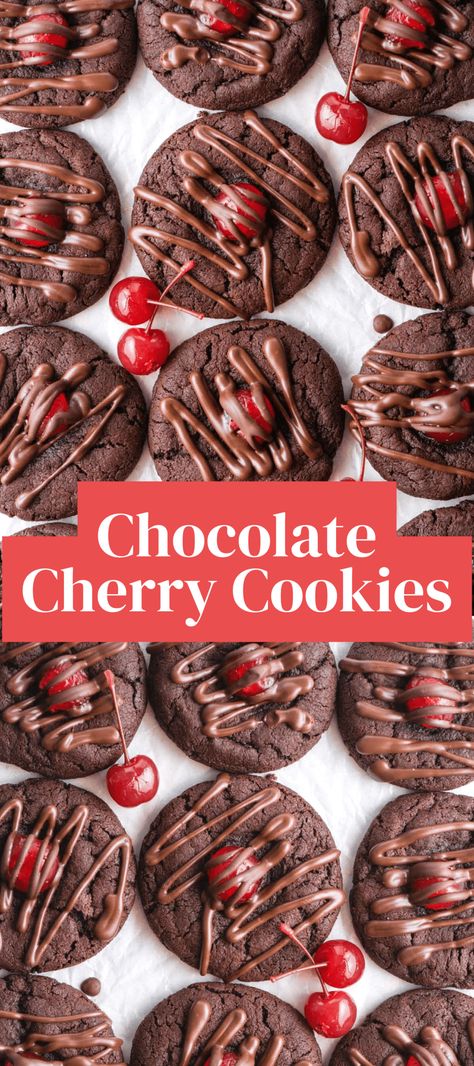 Soft and chewy, these Chocolate Cherry Cookies feature a rich chocolate cookie with a maraschino cherry in the center, topped with a chocolate drizzle. Cherry Chocolate Cookies, Chocolate Cherry Pie, Chocolate Cherry Cookies, Chocolate Covered Cherry, Devils Food Cake Mix Recipe, Sugar Cookie Mix, Cherry Cookies, Cherry Chocolate, Chocolate Covered Cherries