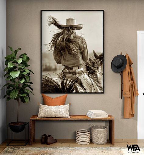 Rustic Office Decor, Cowgirl Photography, Cowgirl Photo, Rustic Office, Horse Wall Art, Western Homes, Oversized Wall Art, Western Home Decor, Photography Wall