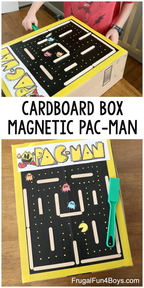 Cardboard Box Magnetic Pac-Man Game - Fun craft for kids! Use a magnet wand to make the game pieces move. Arcade Games Diy, Video Game Crafts, Magnetic Games, Diy Kids Games, Cardboard Box Crafts, Magnet Crafts, Man Games, Diy For Men, Game Themes