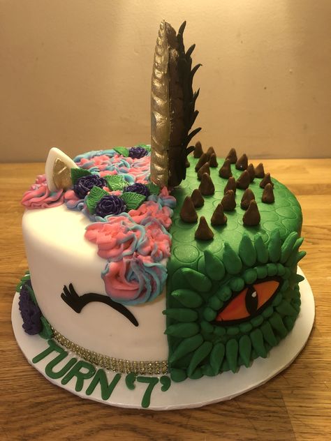 Split Theme Cake, Half Unicorn Half Dinosaur Cake, Split Cake Design Birthdays, Dino Unicorn Cake, Dinosaur And Unicorn Cake, Dinosaur Rainbow Cake, Dinosaur Unicorn Cake, Unicorn Dinosaur Cake, Rainbow Dinosaur Cake