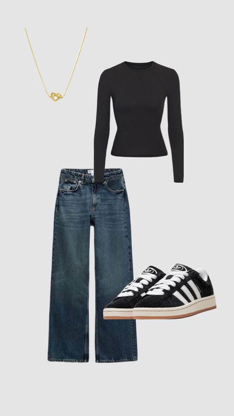 #ootd #fashion #style #outfitinspo #inspo #outfit #outfits #backtoschool #schoolfit #schooloutfitinspo #schoolinspo #summer Casual Campus Outfits, Outfit Ideas With Adidas Campus, Black Campus Outfit, Adidas Campus Black Outfit, Campus 00s Black Outfit, Black Adidas Campus Outfit, Black Campus 00s Outfit, Backtoschool Outfits, Adidas Campus 00s Outfit