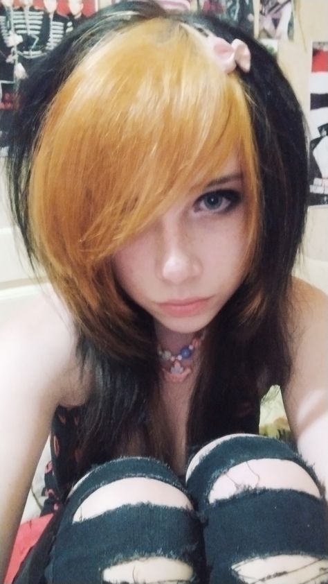 Scene Hair Wavy, Scene Queen 2000s, Orange Scene Hair, Ginger Scene Hair, Scene Core Aesthetic, Rotten Candy, Scene Kid Hair, Brown Scene Hair, Blonde Scene Hair