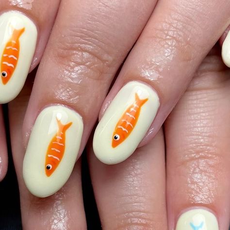 Sardine Nail Art, Nail Art Fish, Fish Nail Designs, Fish Inspired Nails, Sardine Nails, Fish Manicure, Goldfish Nails, Trans Nails, Cool Short Nails