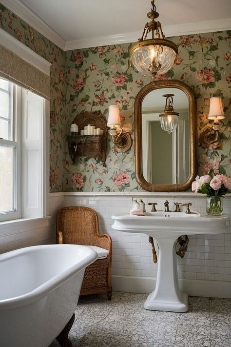 Home Decor Details, Emilie Kiser House, Old Money Bathroom Aesthetic, French Bathroom Decor Vintage, Antique Bathroom Ideas, Small Vintage Bathroom, Green Bathrooms, Regency Core, Bathroom Restoration